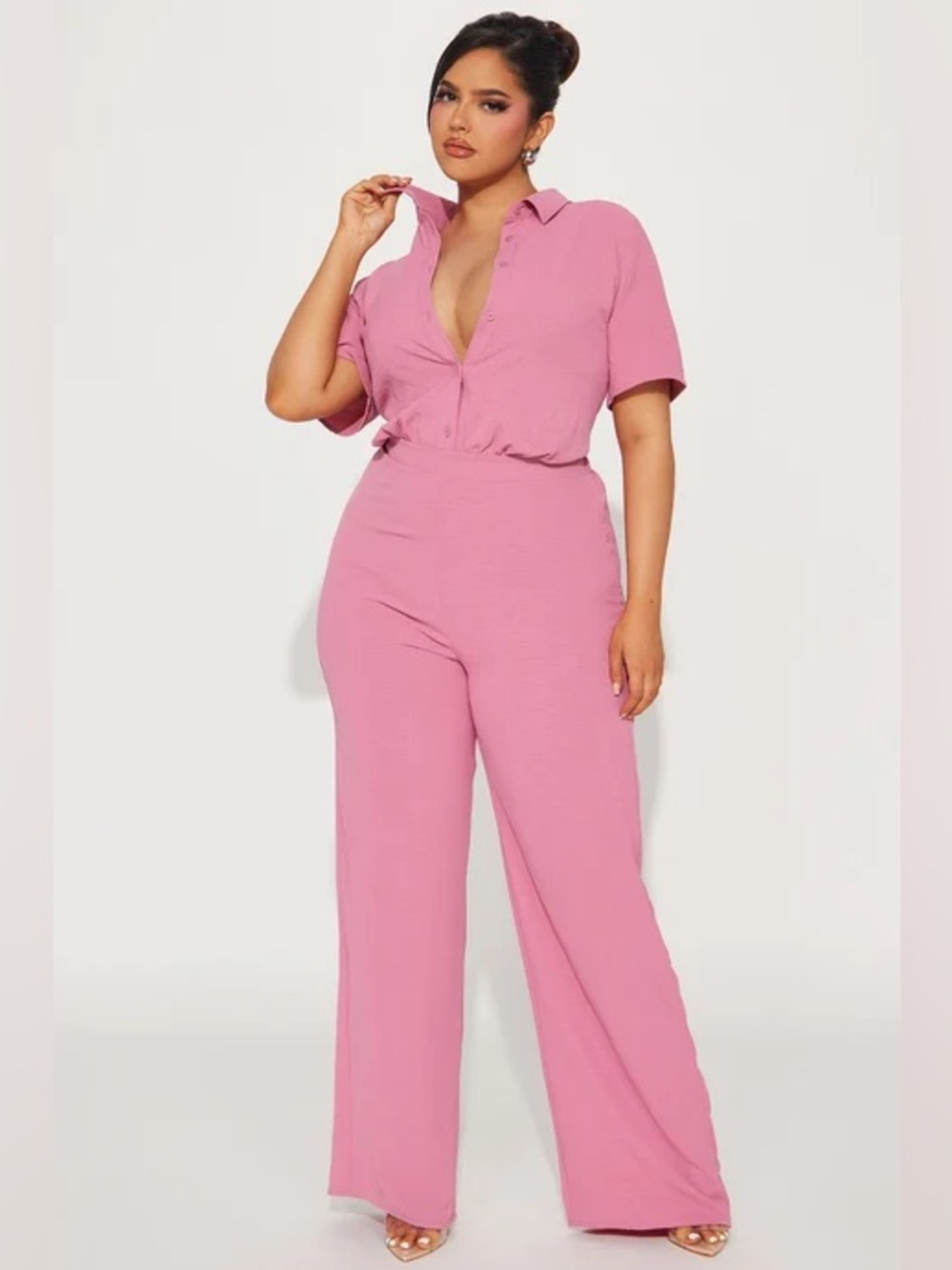 Fashion Nova Pink Short-Sleeve Collared Jumpsuit